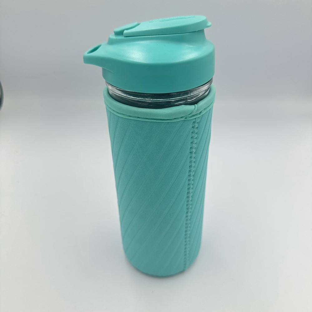 Masontops Glass Water Bottle with Teal Flip‎ Top Lid and Neoprene Sleeve 500ml